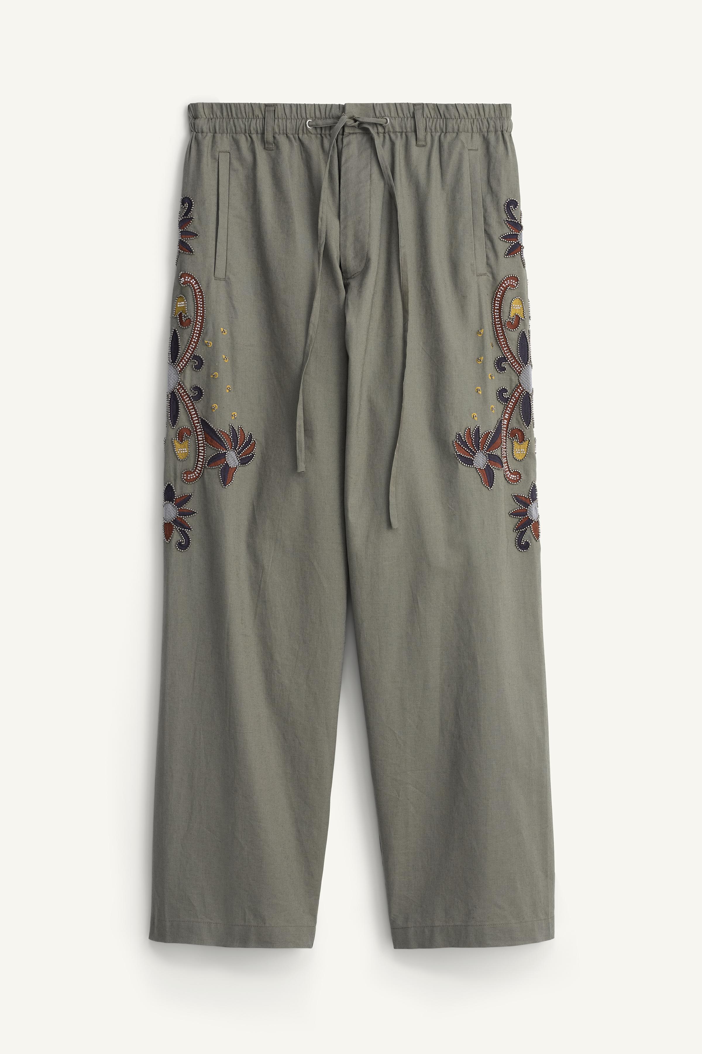 CONTRAST EMBROIDERED LINEN-COTTON PANTS